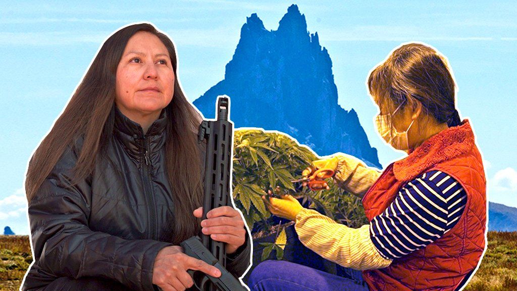 Composite image, Bea Redfeather, Chinese worker on cannabis farm, in front of Shiprock, New Mexico