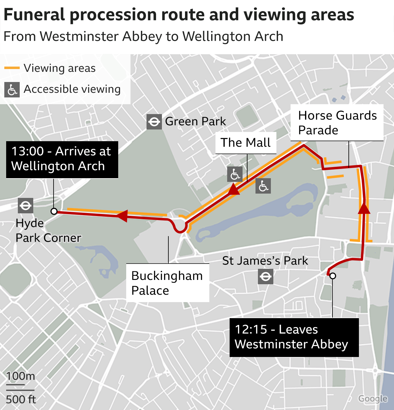 Route of the funeral procession from Westminster Abbey to Wellington Arch