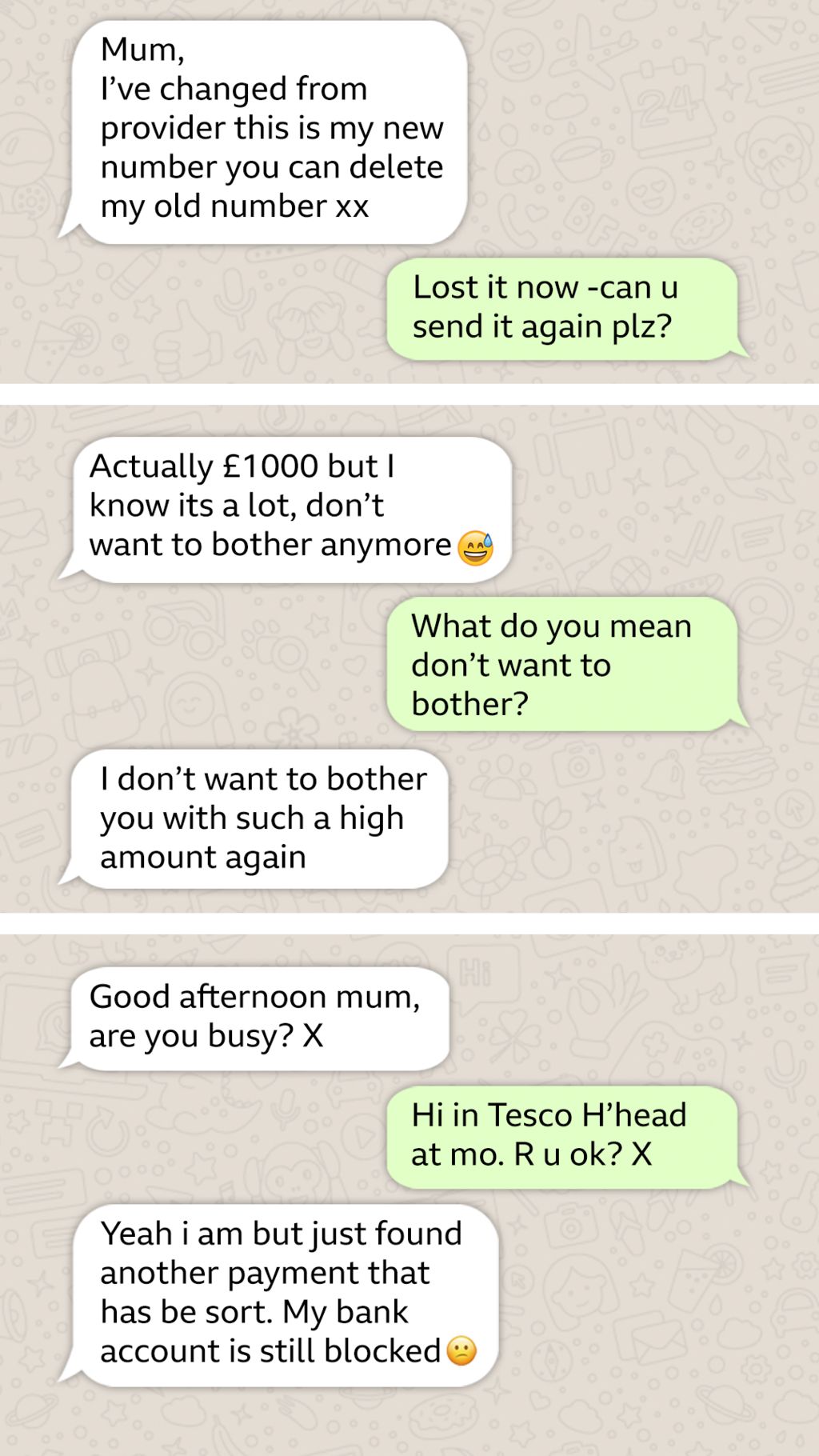 A graphic showing the WhatsApp exchange between a fraudster and Zoe Burrell