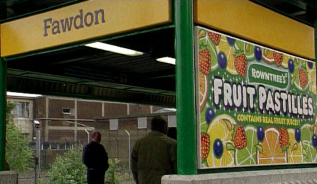 Fawdon Metro station with Fruit Pastilles sign