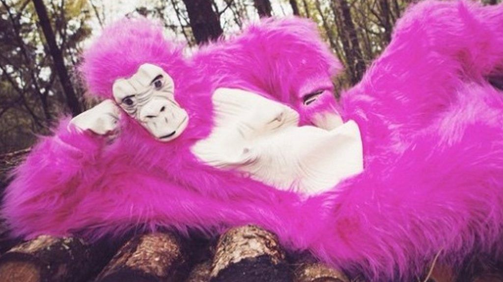 Eve dressed as a bright pink gorilla