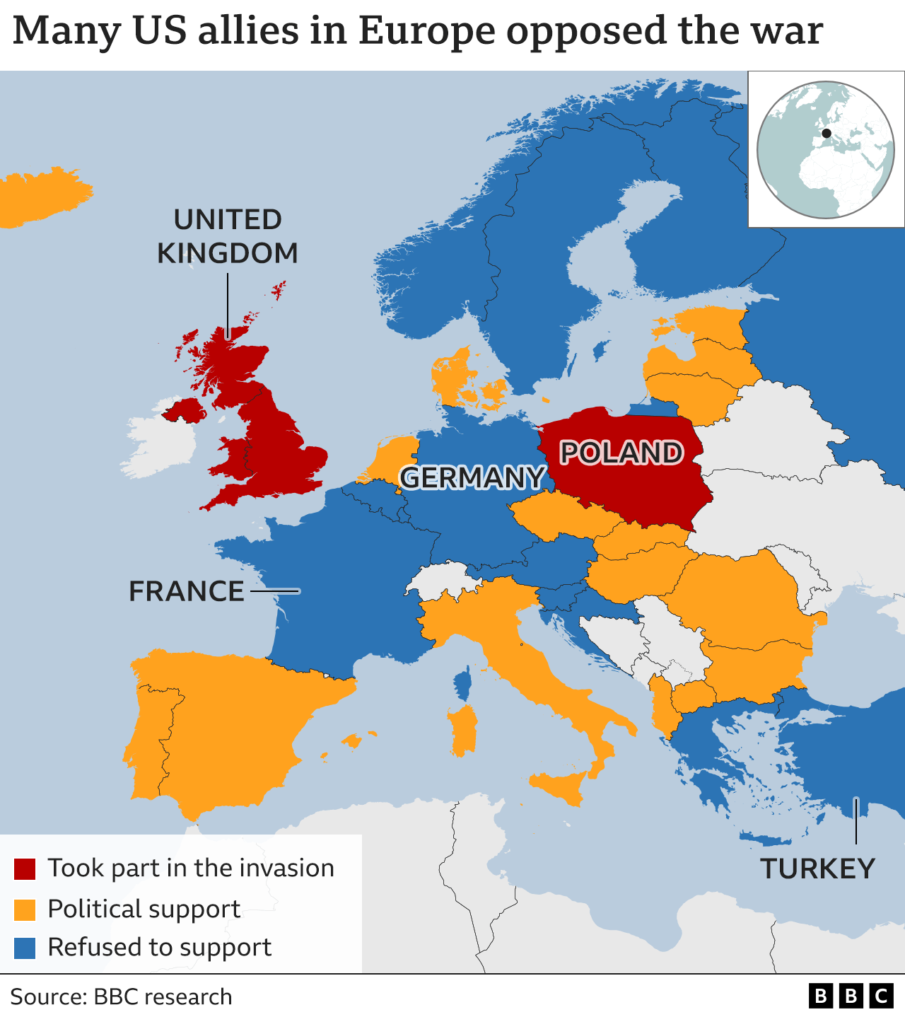 Map showing European countries which took part in the invasion of Iraq, which supported the invasion, or which opposed it