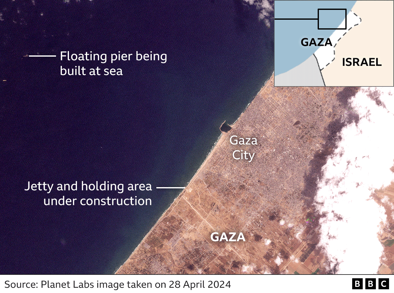 Map showing locations of US floating pier under construction off the coast of Gaza and a jetty and holding area in northern Gaza