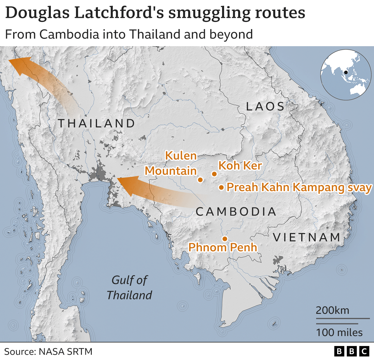 Карта маршрутов контрабанды Дугласа Лэтчфорда из Камбоджи