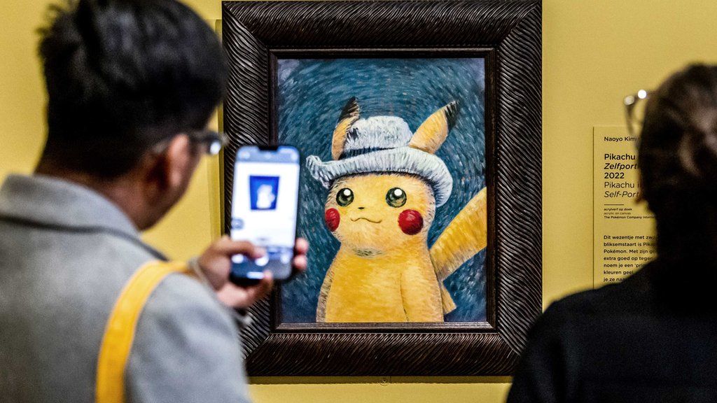 Man taking photo of Pikachu painting in Van Gogh museum