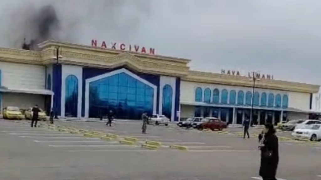 Smoke rises following a drone explosion at the Nakhchivan airport in Azerbaijan