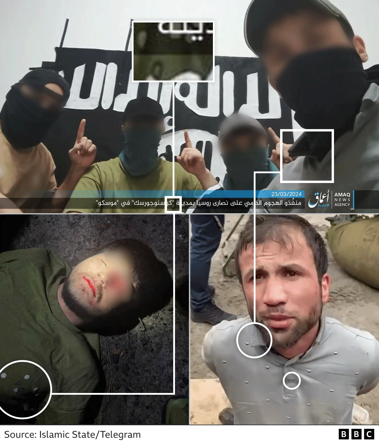 A photo of the four suspects in the IS-released footage. Two further photos - showing the moment of two suspects' arrests - show how their t-shirts appear to match.
