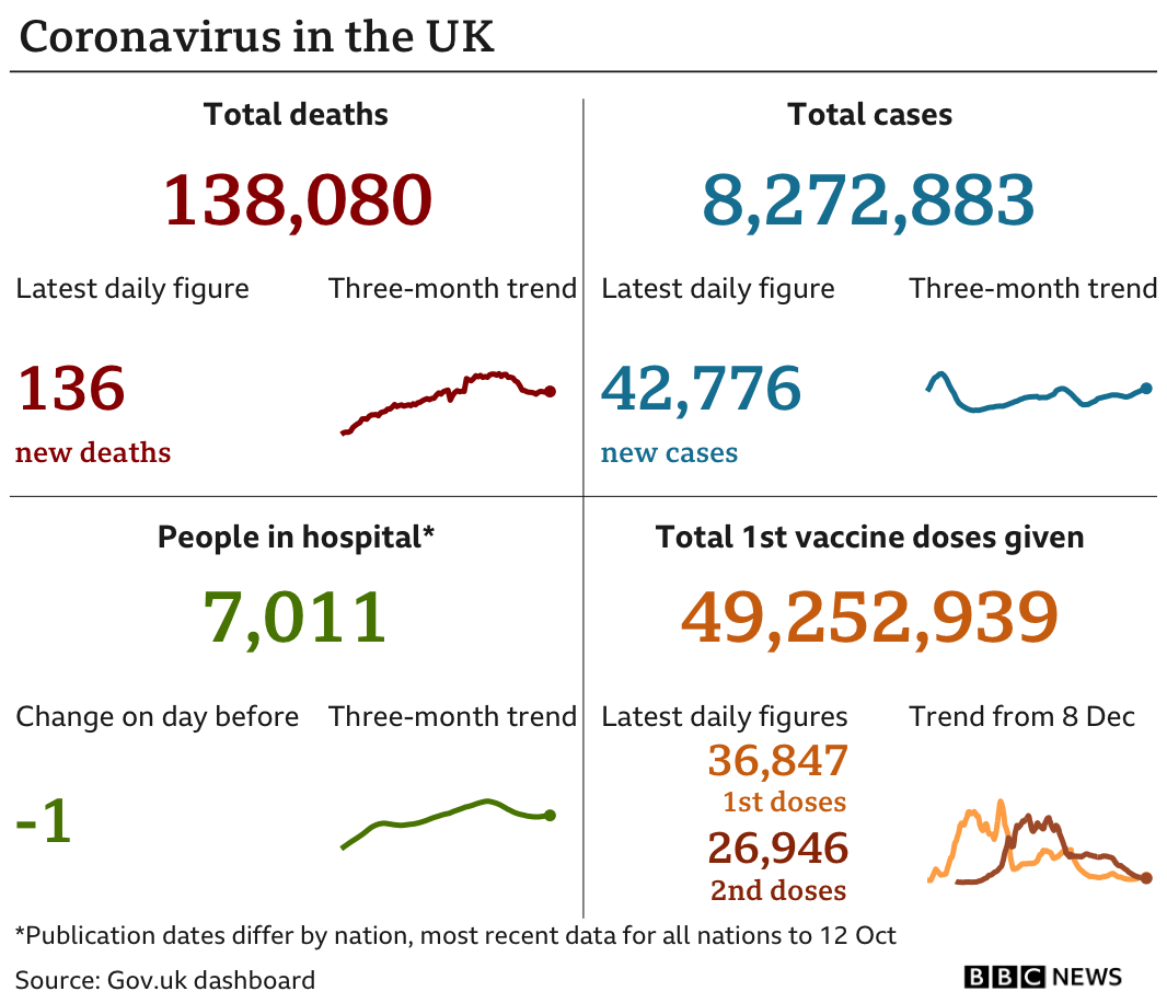 Government statistics show 138,080 people have now died, with 28 deaths reported in the latest 24-hour period. In total, 8,272,883 people have tested positive, up 42,776 in the latest 24-hour period. Latest figures show 7,011 people in hospital. In total, 49,252,939 people have received their first vaccination. Updated 13 Oct.