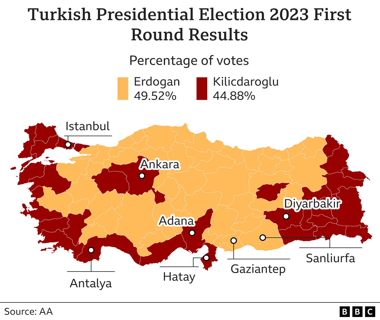 Turkish Presidential Election 2023 Results map with percentage of votes