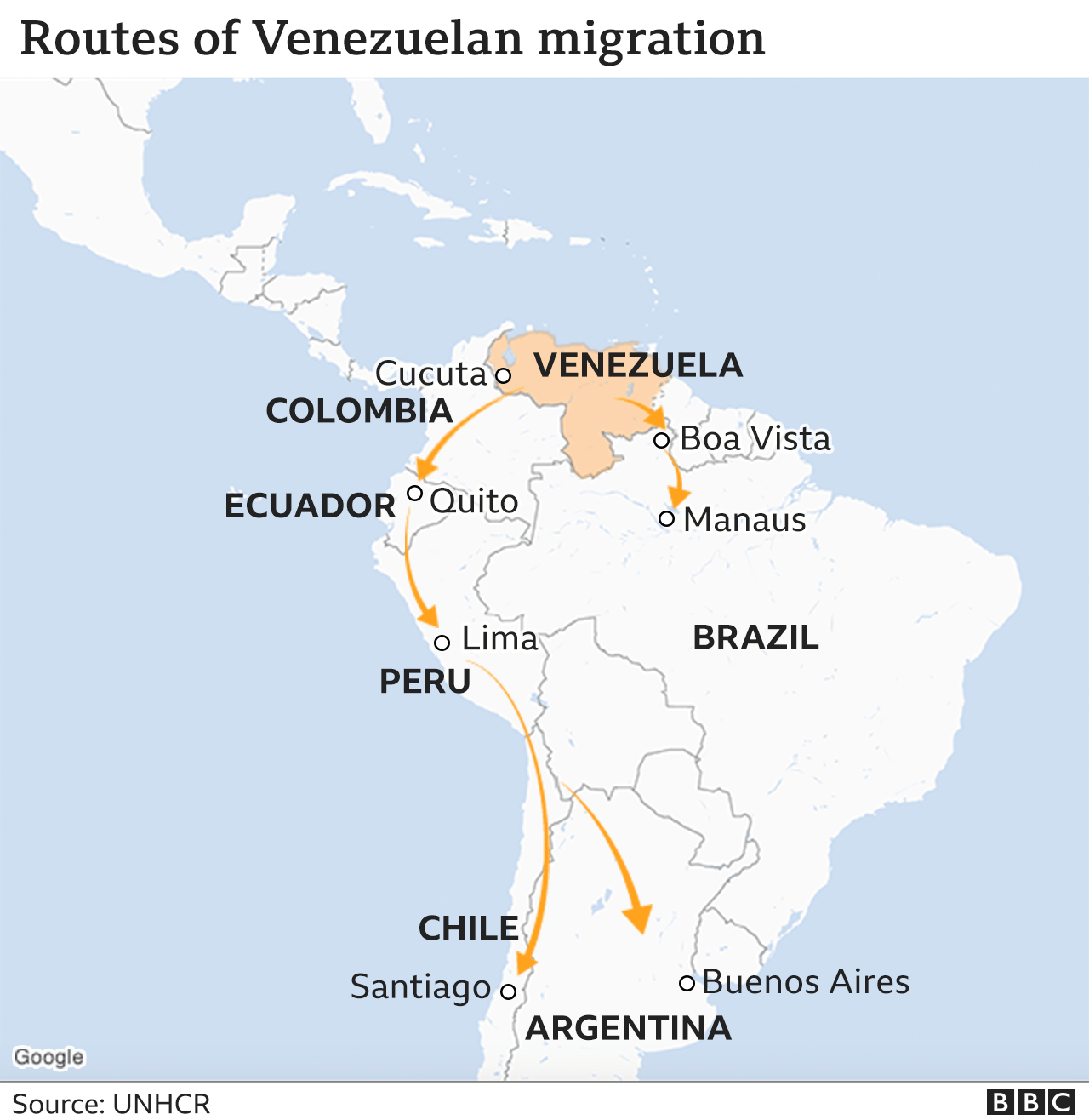 Map of Venezuelan migration routes