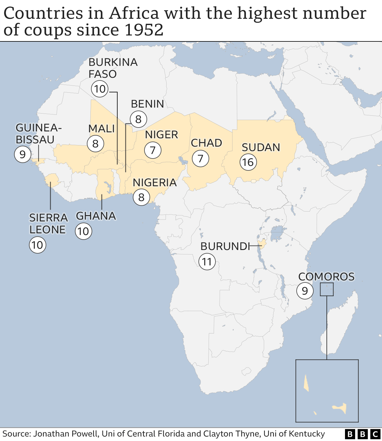 Map showing African countries with most coups