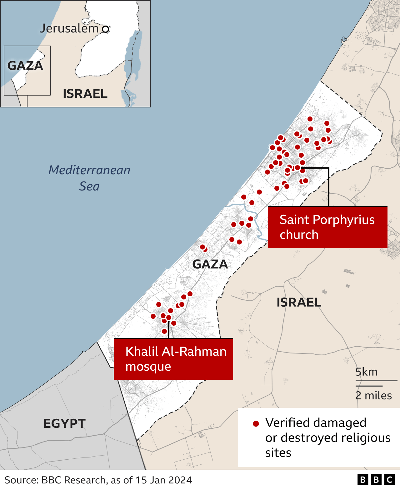 A map showing the locations of destroyed/damaged mosques and churches in Gaza