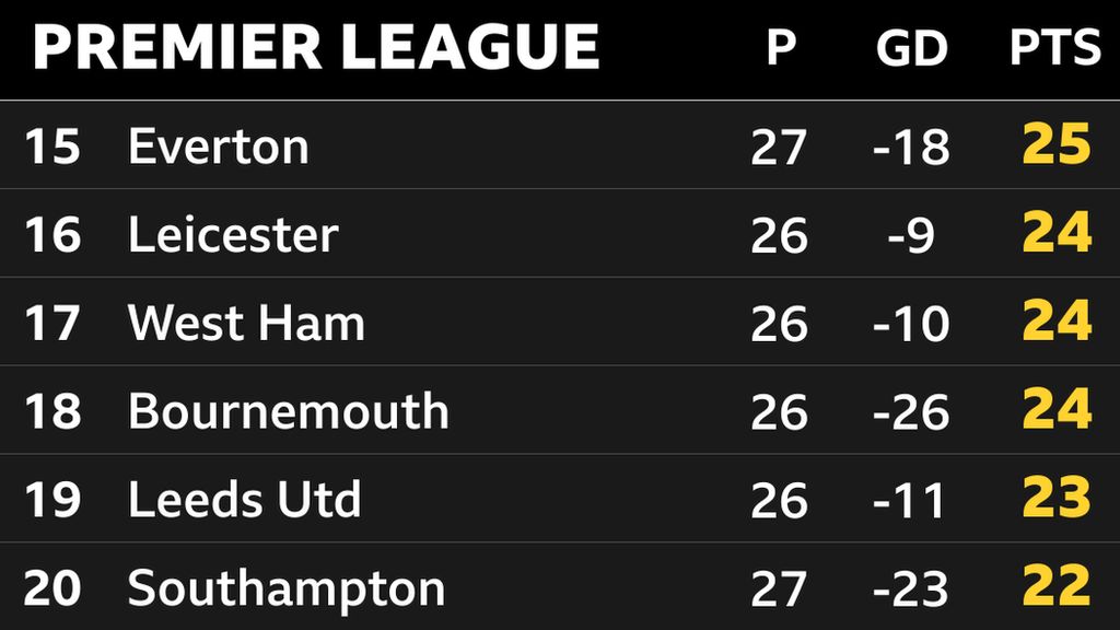 Snapshot of the bottom of the Premier League table: 15th Everton, 16th Leicester, 17th West Ham, 18th Bournemouth, 19th Leeds & 20th Southampton