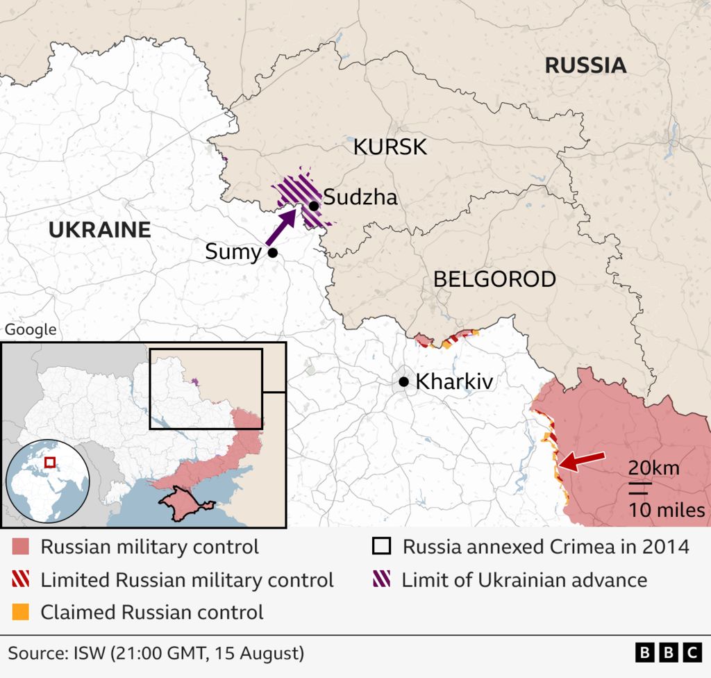 Map showing the Ukrainian offensive inside Russia, across the border from Sumy, and the regions of Kursk and Belgorod which have declared a state of emergency.