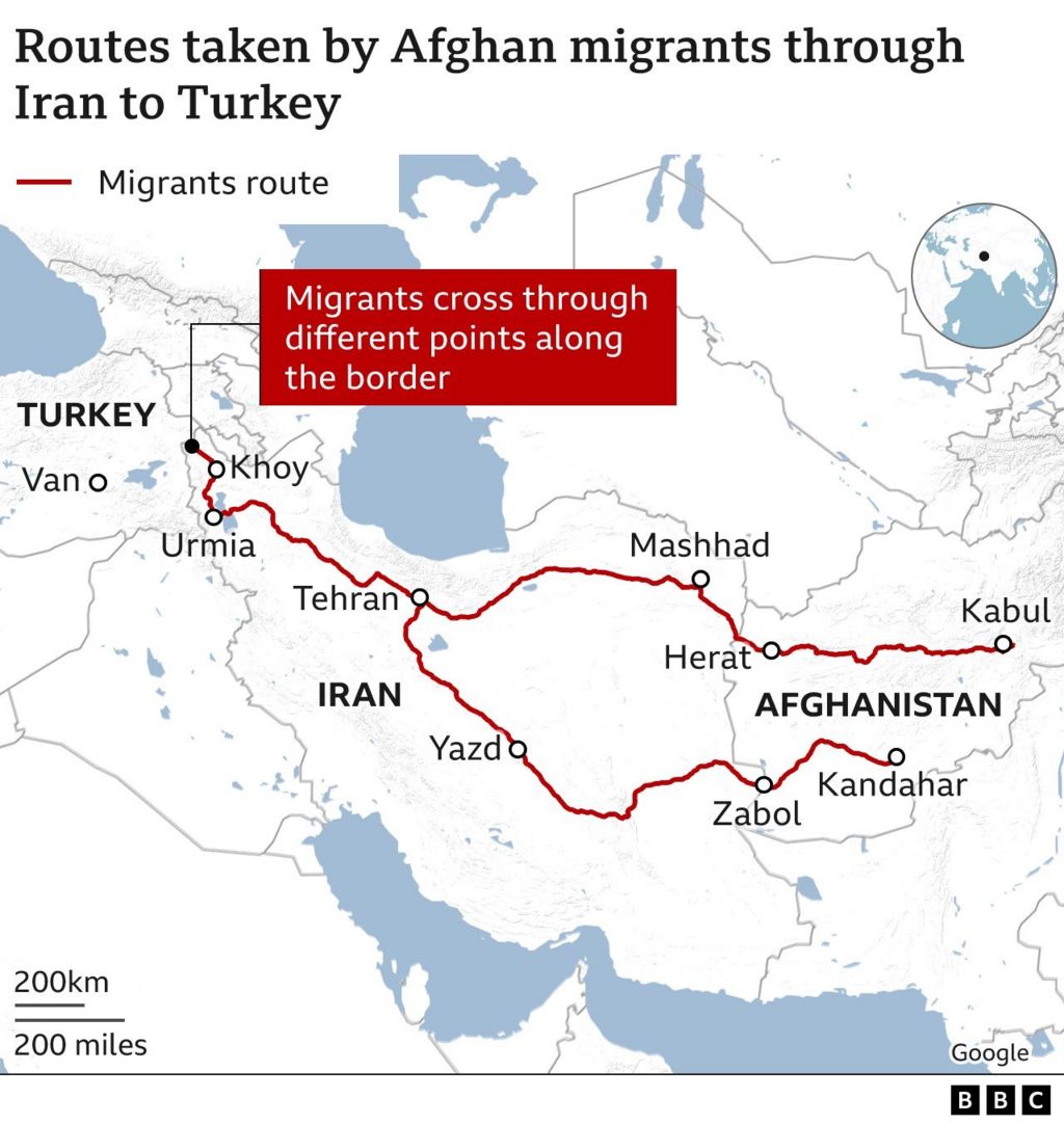 Harta tregon rrugët e marra nga emigrantët afganë përmes Iranit për në Turqi