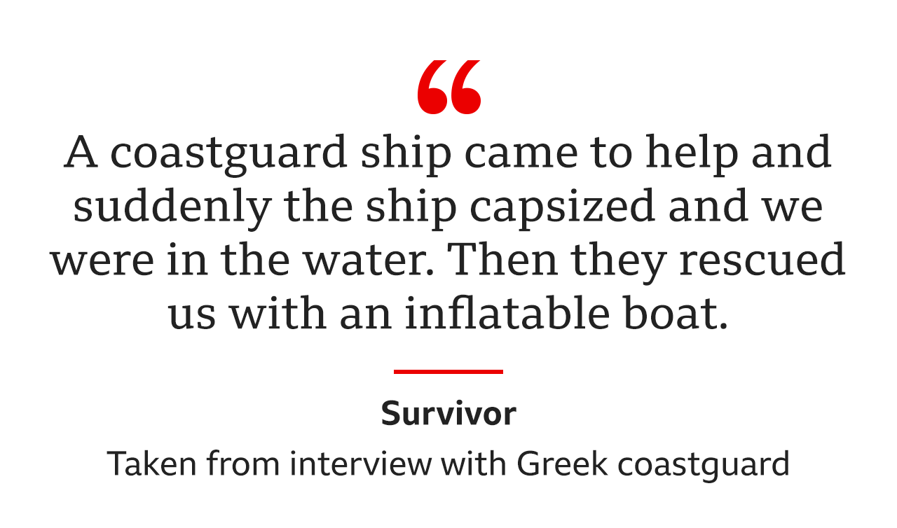 "A coastguard ship came to help and suddenly the ship capsized and we found ourselves in the water. Then they rescued us with an inflatable boat." - taken from a Greek coastguard interview with a survivor