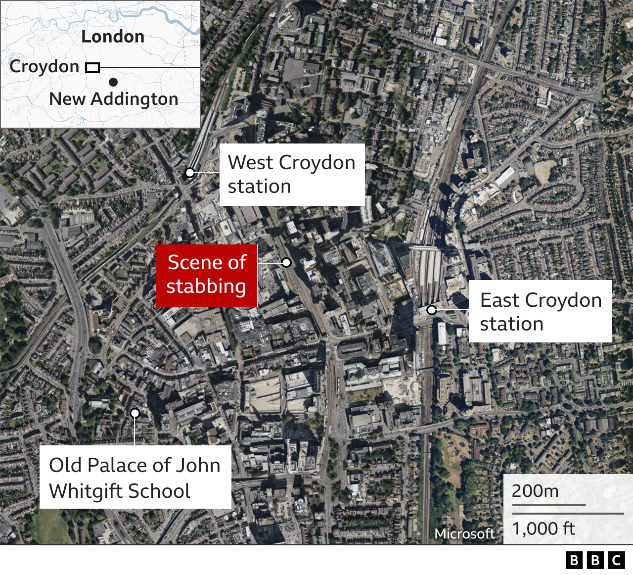 Map showing the scene of the stabbing, arrest location of Old Palace of John Whitgift School.