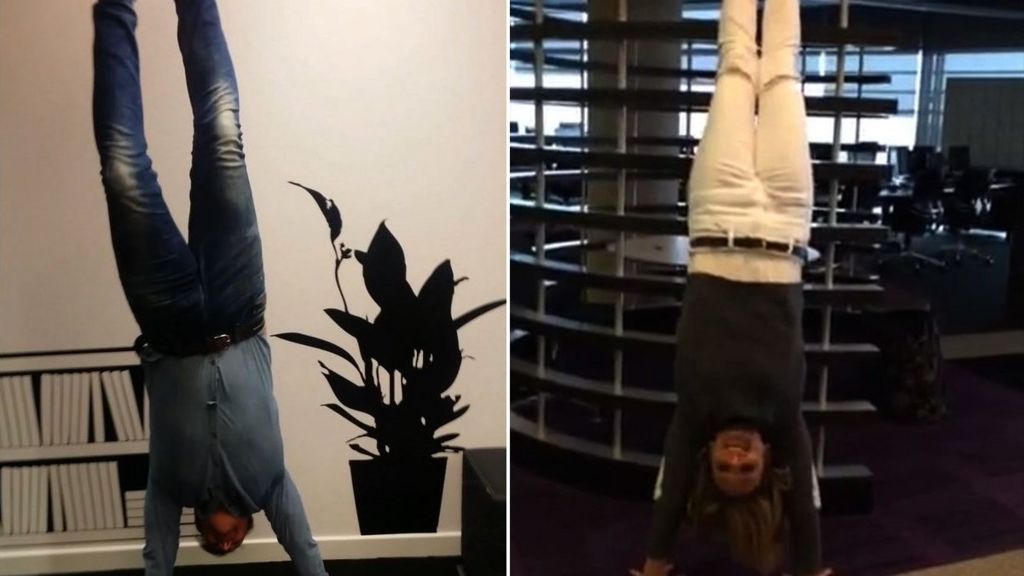 Gabby Logan and Graeme Swann perform a handstand