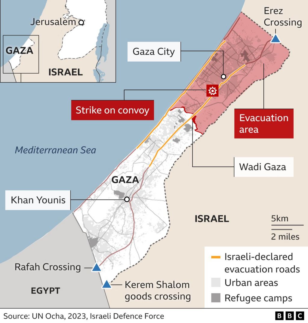 Map of a strike on a civilian convoy in Gaza