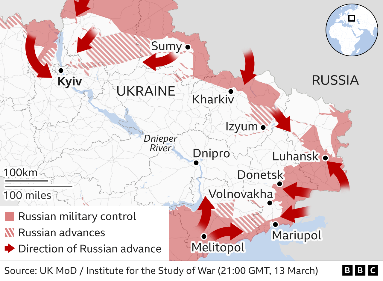 Map showing the Russian military advance into Ukraine from the east. Updated 14 March