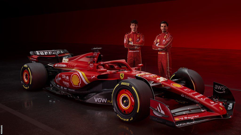 Charles Leclerc and Carlos Sainz pose with Ferrari's newly launched SF-24 ahead of 2024 Formula 1 season
