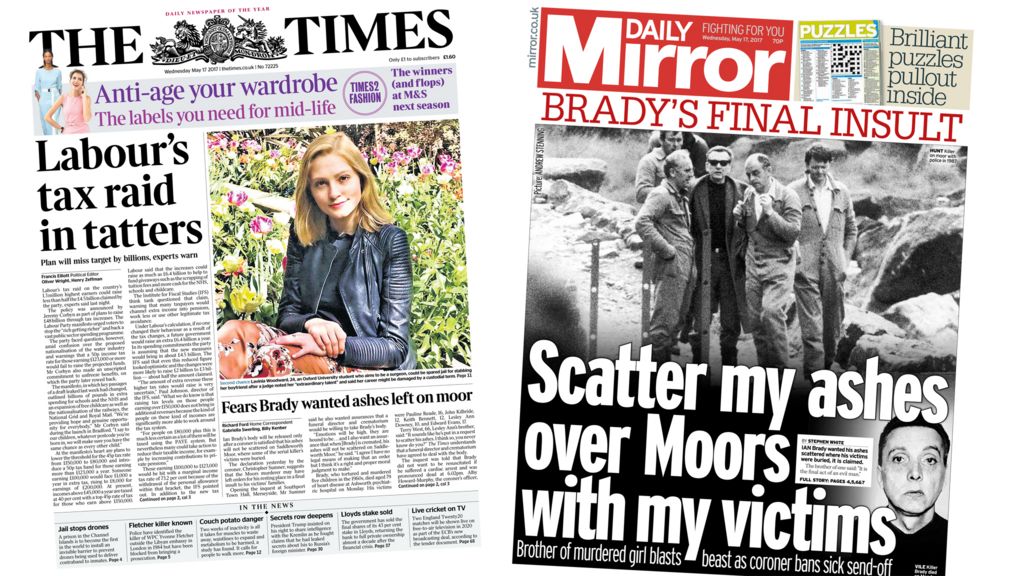 Newspaper headlines Labour manifesto and Ian Brady's 'final insult