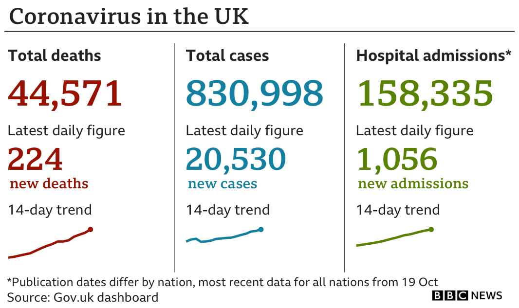 Daily stats show 224 deaths in the past 24 hours bringing the total to 44,571, while the number of cases has risen by 20,530 to 830,998 and the number of people admitted to hospital has risen by 1,056 to 158,335