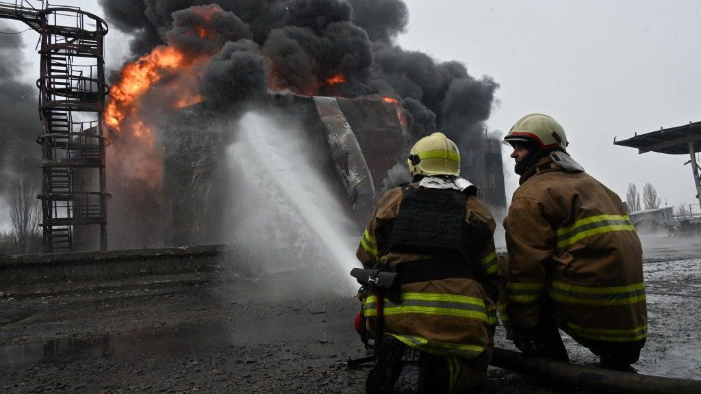Firemen tackle blaze in Kharkiv after drone strike, February 2024