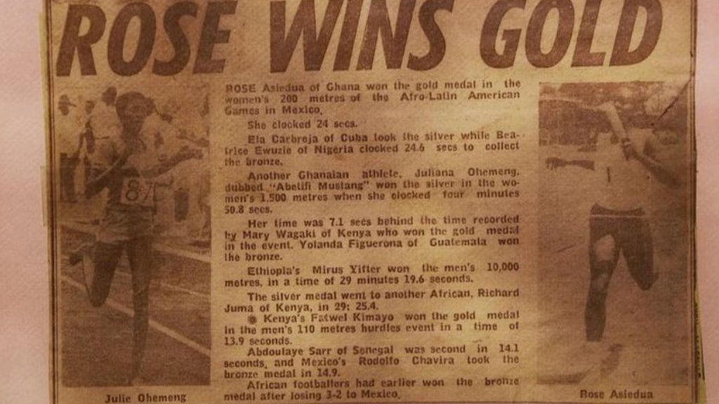 Newspaper cutting on Rose Amankwaah winning gold at the 1973 Afro-Latin American Games in Mexico