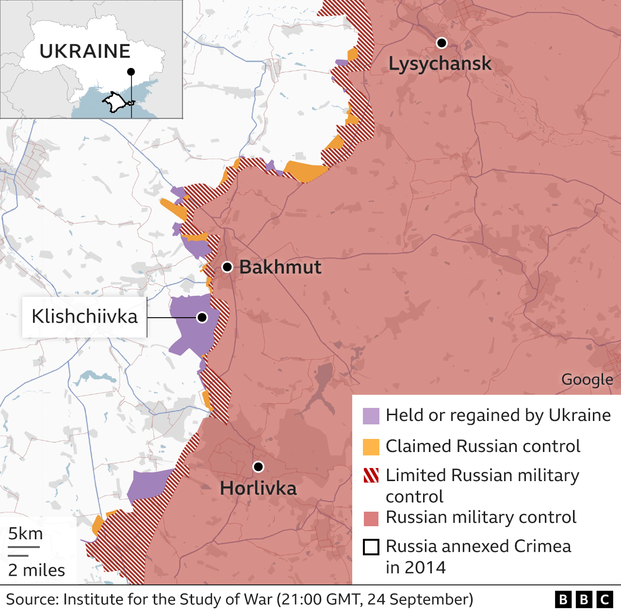 Karte des Gebiets um Bachmut und Horliwka in der Ostukraine mit den jüngsten Kontrollgebieten russischer und ukrainischer Streitkräfte