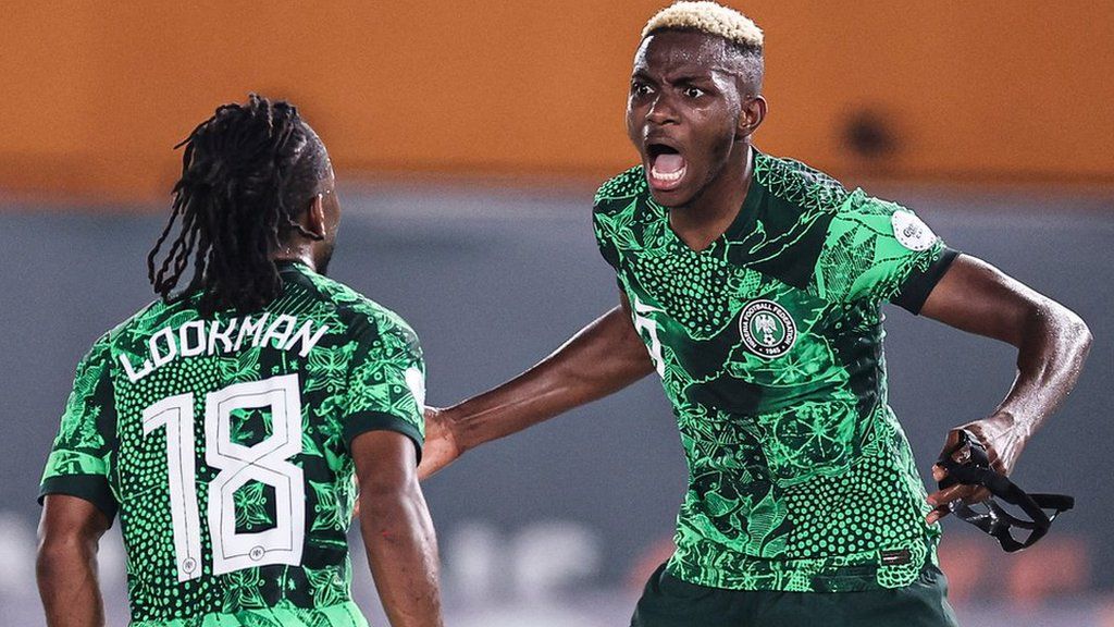 Ademola Lookman and Victor Osimhen celebrate a goal for Nigeria against Cameroon at the 2023 Africa Cup of Nations final