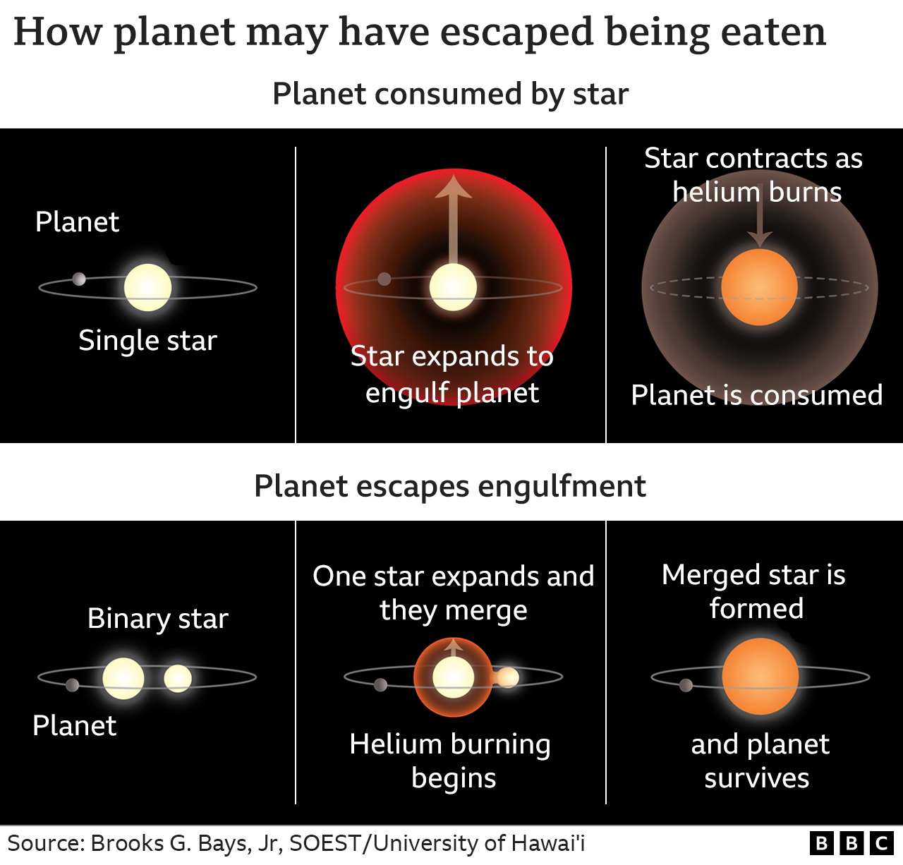 A graphic showing the normal scenario for a planet to be engulfed by an expanding star and what scientists believe happened to 8 Ursae Minoris b