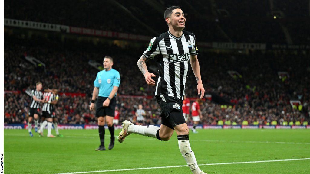 Newcastle forward Miguel Almiron scores against Manchester United