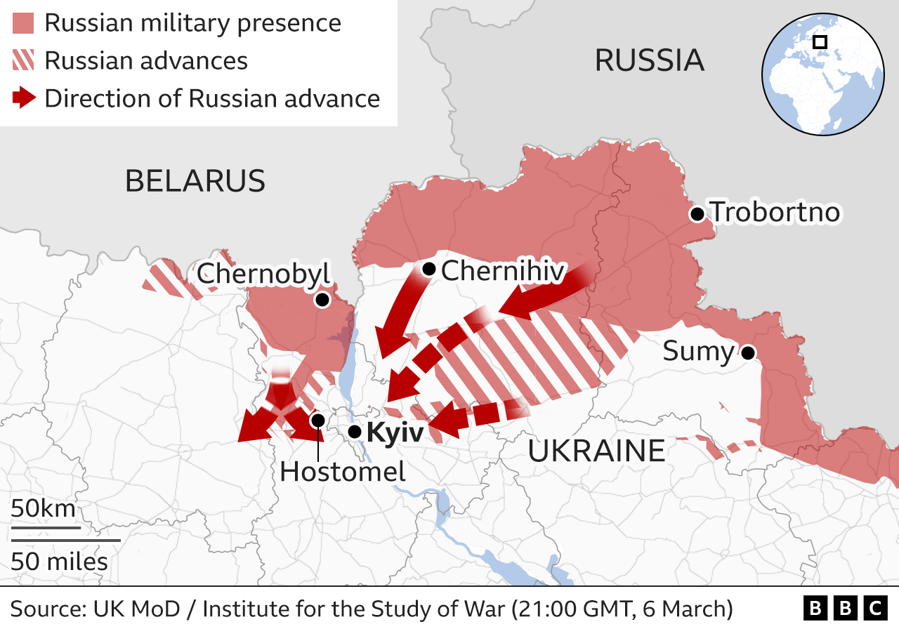 Map showing the Russian military advance into Ukraine from the north. Updated 7 March
