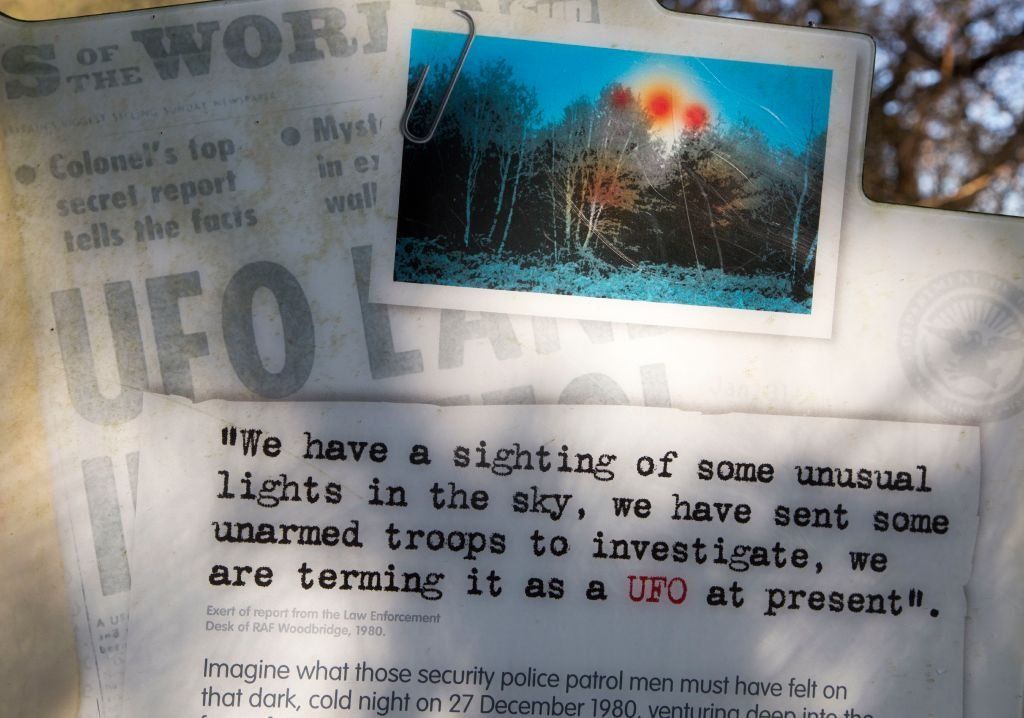 Paper cutting of UFO sighting in Rendlesham forest, Suffolk, England, UK
