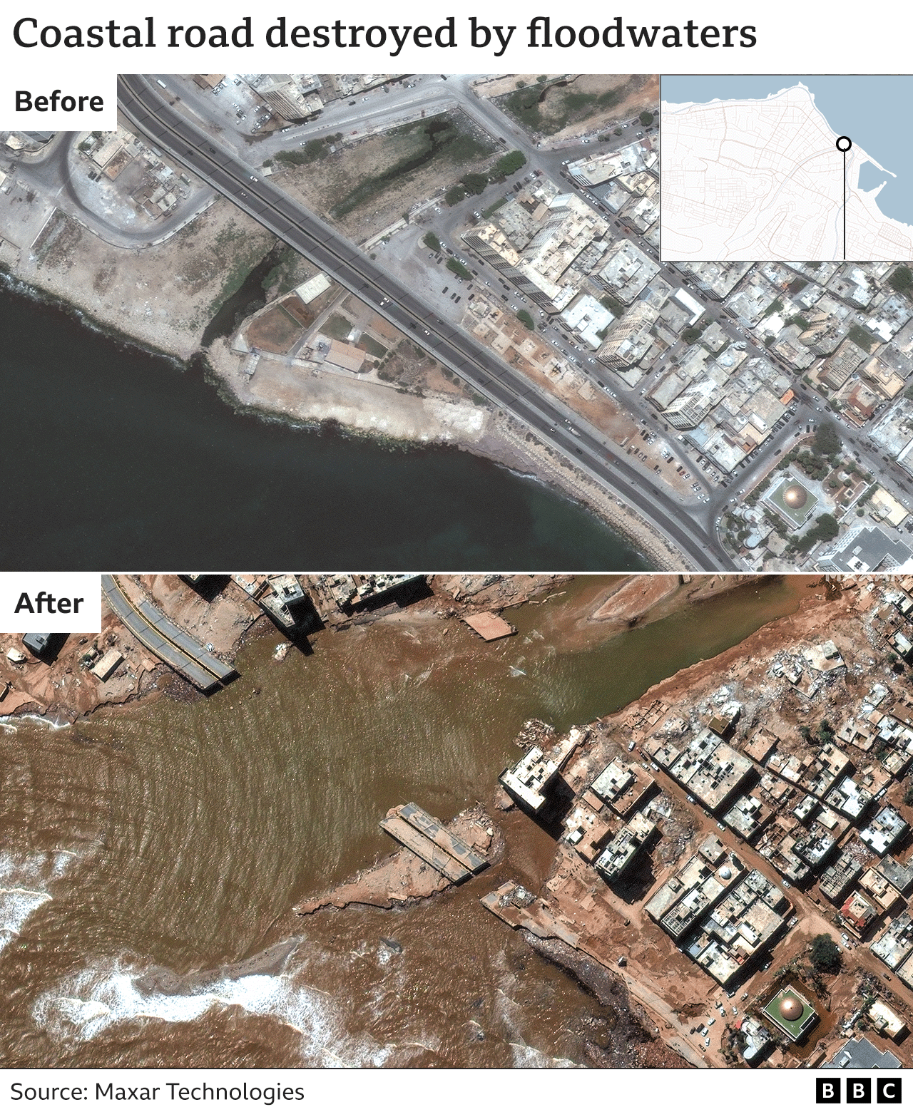 Спутниковые снимки показывают прибрежную дорогу до и после наводнения