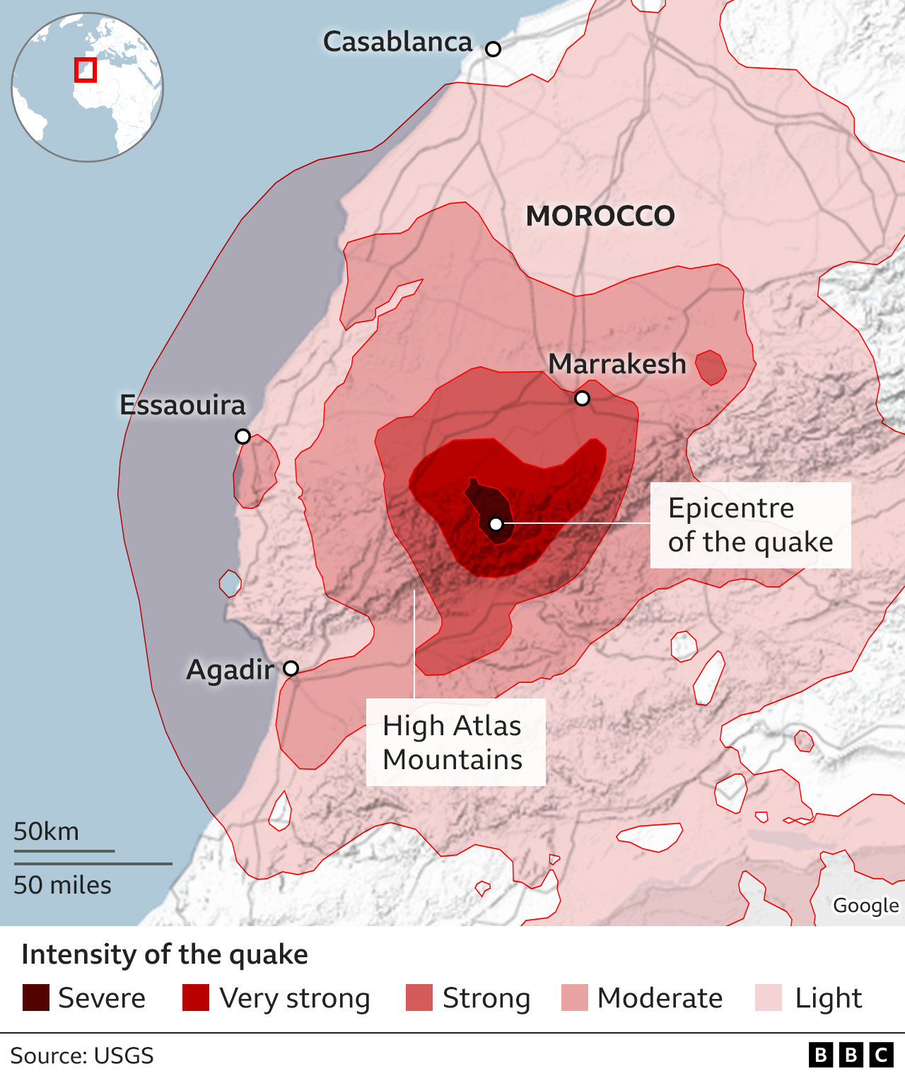 Карта Марокко, показывающая интенсивность сотрясений, исходящих от эпицентра землетрясения.