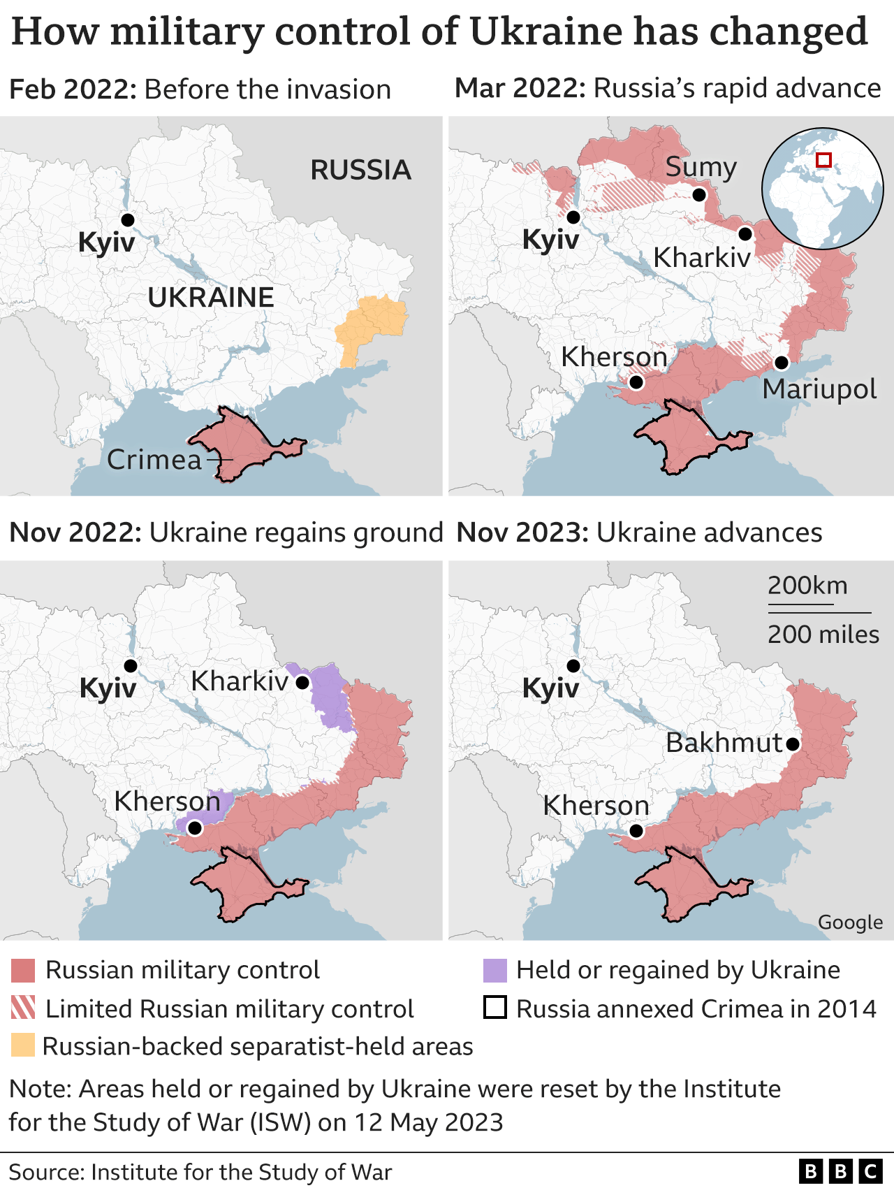 Four maps showing how the situation has changed on the ground since Russia's invasion.