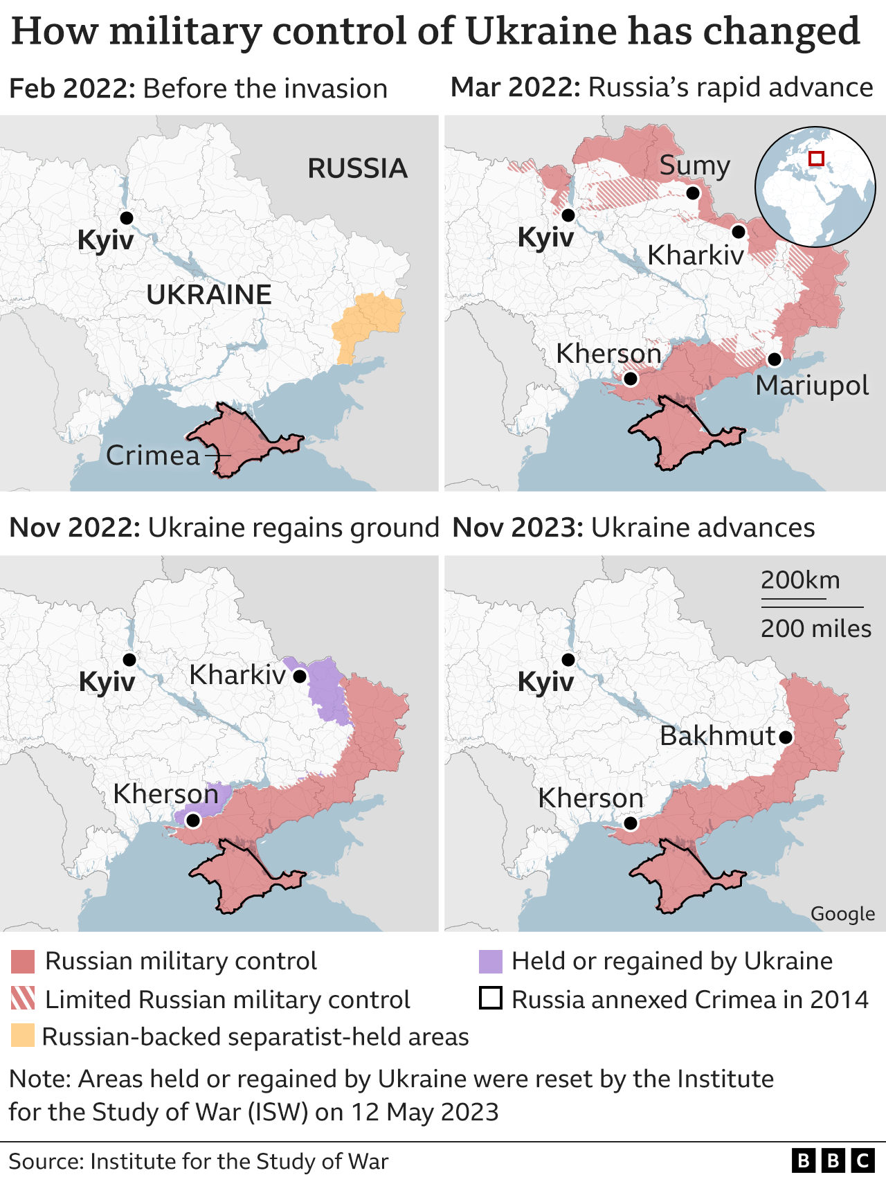 Vier Karten zeigen, wie sich die Situation vor Ort seit dem Einmarsch Russlands verändert hat.