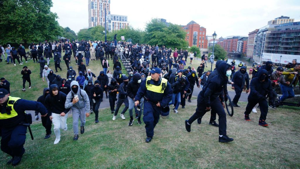 Anti-racism protesters demonstrate in Castle Park in Bristol