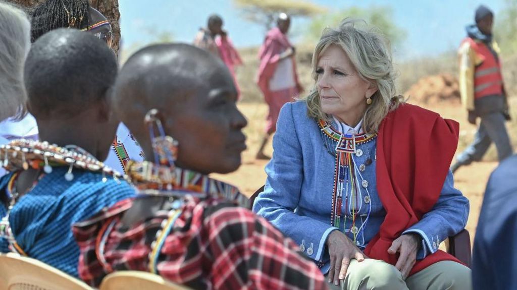 US First Lady Jill Biden (R) meets with women from the Maasai community at Loseti village in Kajiado county, Kenya, on February 26, 2023