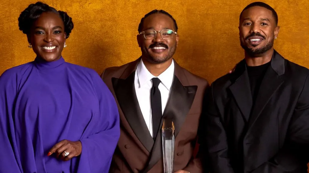 Wunmi Mosaku, Ryan Coogler and Michael B. Jordan pictured against a golden background