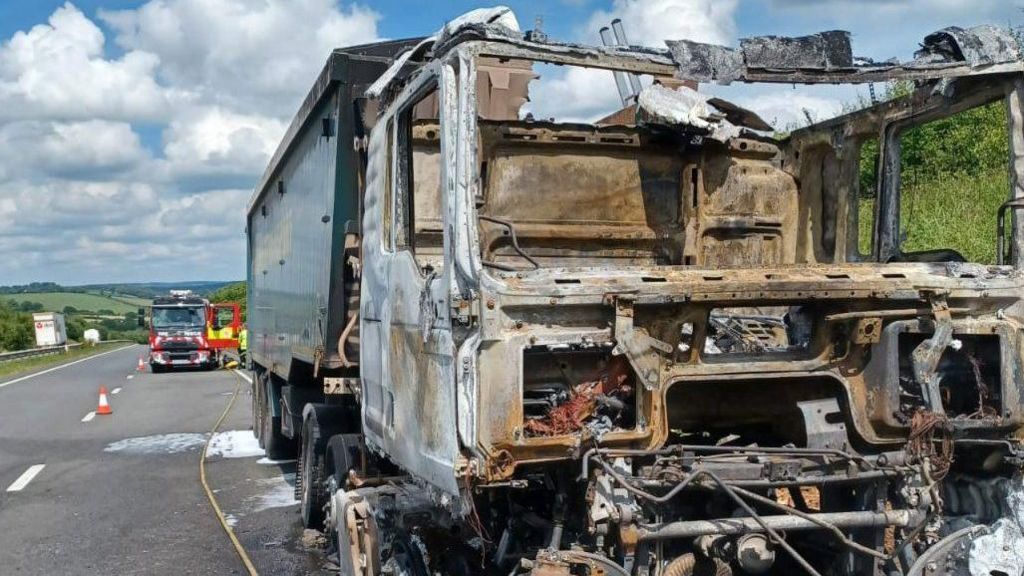 Burnt out lorry on A30