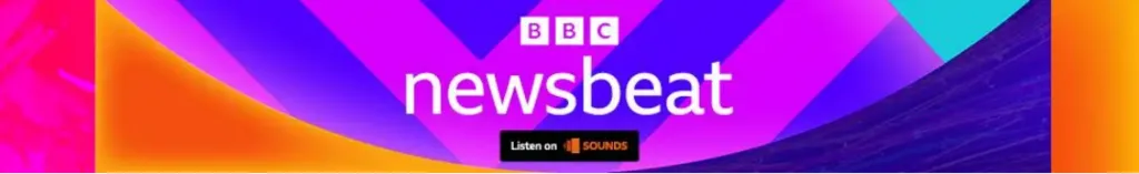 A footer logo for BBC Newsbeat. It has the BBC logo and the word Newsbeat in white over a colorful background of violet, purple and orange shapes. At the bottom a black square reading 