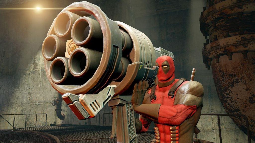 The character Deadpool from the 2013 computer game getting ready to fire a very large gun