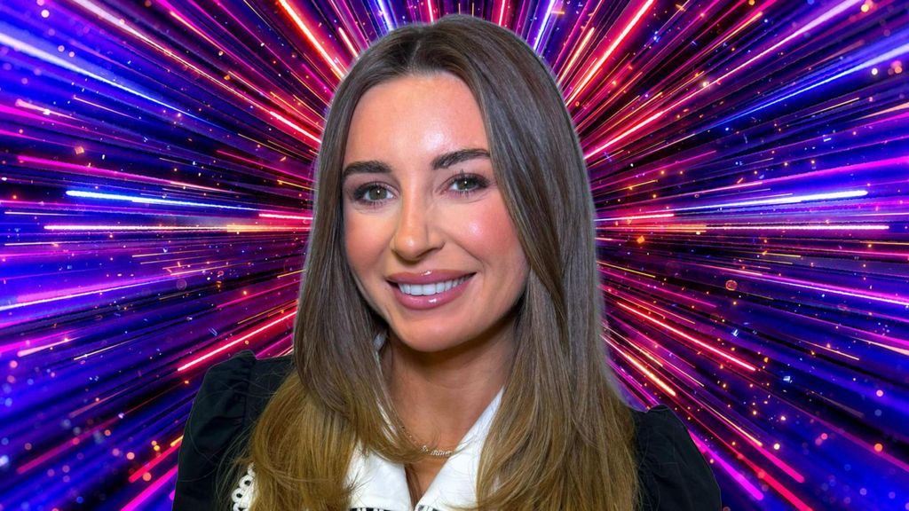 Dani Dyer in front of a graphic showing numerous purple, pink and blue lines radiating from the centre, in a Strictly promotional photo