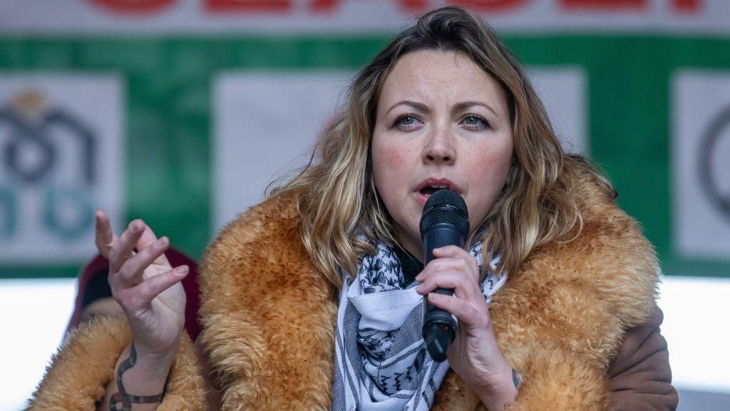 Charlotte Church addresses a crowd in London.
