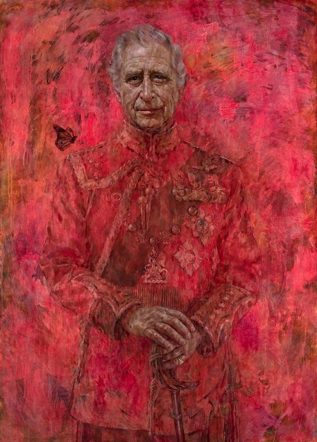 King Charles with a butterfly near his shoulder, painted in a flaming red military outfit and matching background