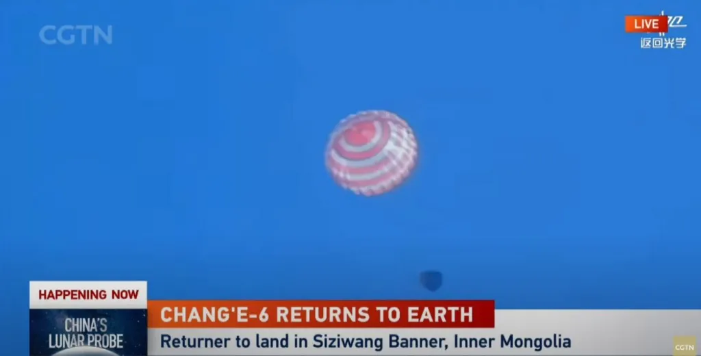 CGTN Screengrab from a livestream showing the probe as it descends into Inner Mongolia