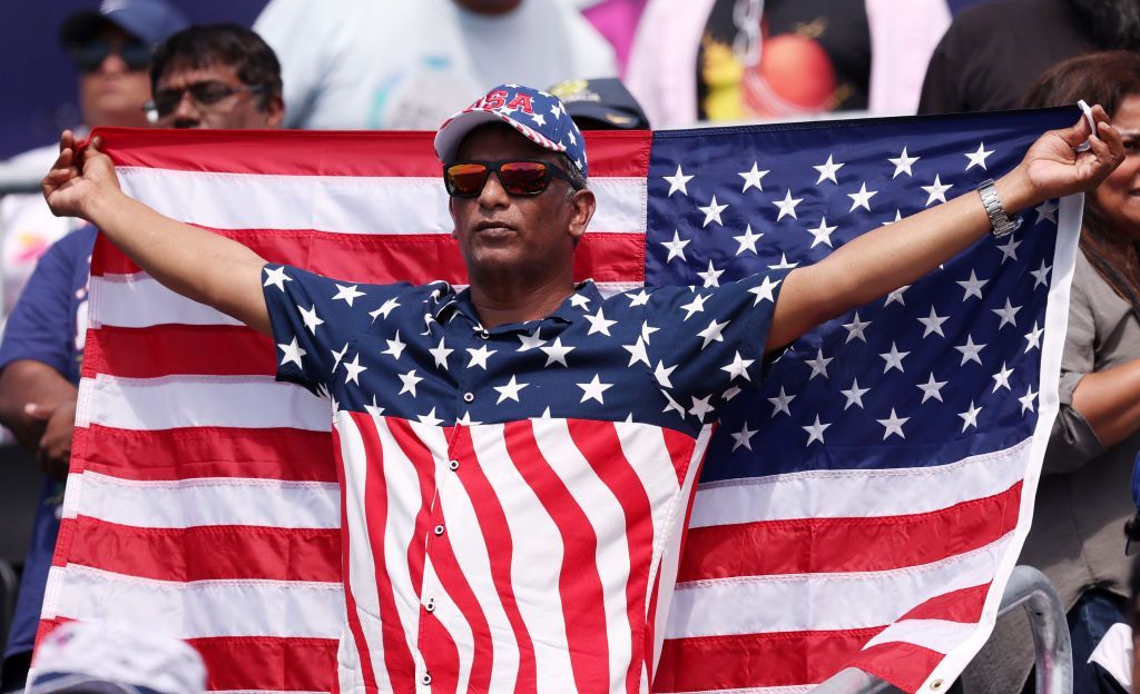 Fans of USA react in the crowd during the ICC Men's T20 Cricket World Cup West Indies & USA 2024 match between Sri Lanka and South Africa at Nassau County International Cricket Stadium on June 03, 2024 in New York.